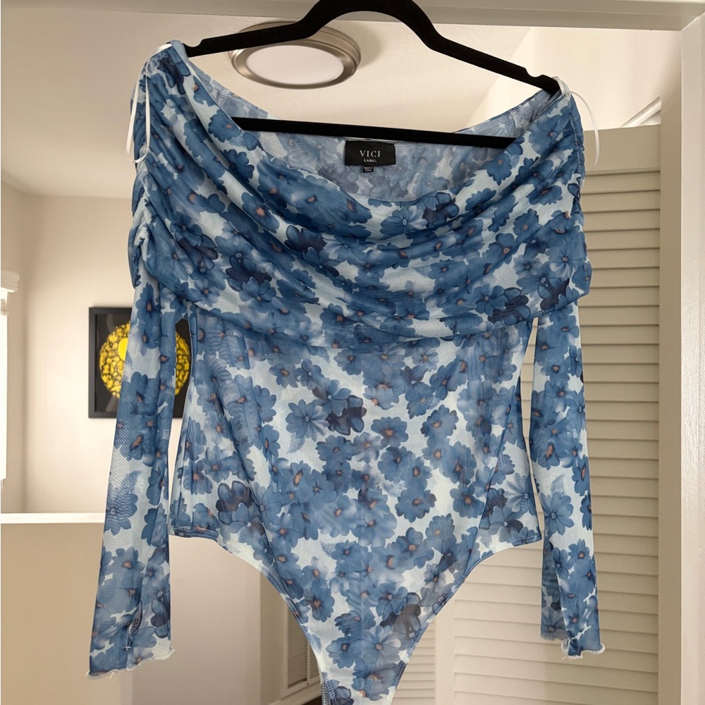 Vici Blue Floral Off-Shoulder Long-Sleeve Bodysuit